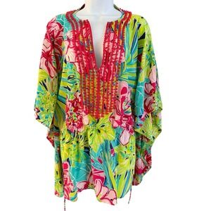 Lilly Pulitzer Silk Tunic Top L/XL Caftan Pink Green Tropical Floral Beaded Boho